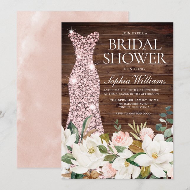 Rustic Rose Gold Dress Blush & White Bridal Shower Invitation (Front/Back)