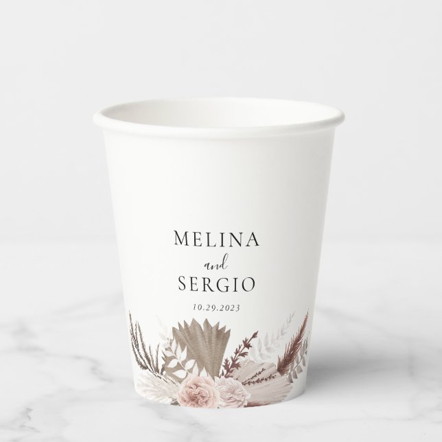Rustic Rose Gold Floral Calligraphy Wedding  Paper Cups (Front)
