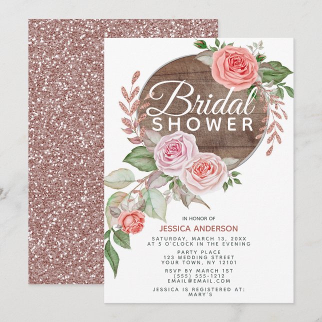 Rustic Rose Gold Glitter Floral Bridal Shower Invitation (Front/Back)