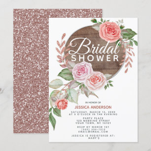 Rustic Rose Gold Glitter Floral Bridal Shower Invitation