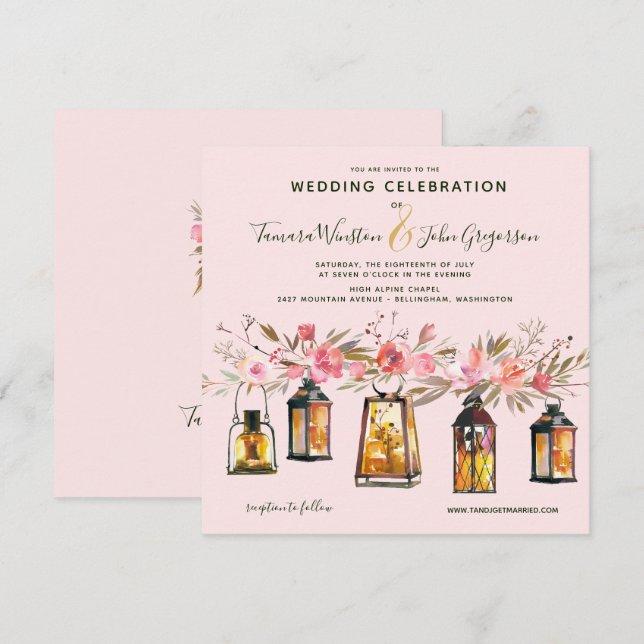 Rustic Rose Gold Lanterns & Lights Floral Wedding Invitation (Front/Back)