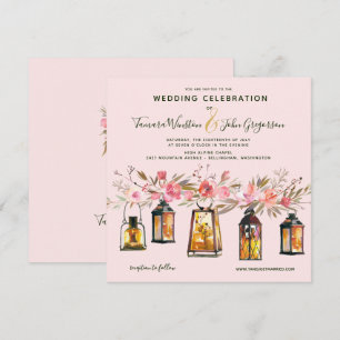 Rustic Rose Gold Lanterns & Lights Floral Wedding Invitation