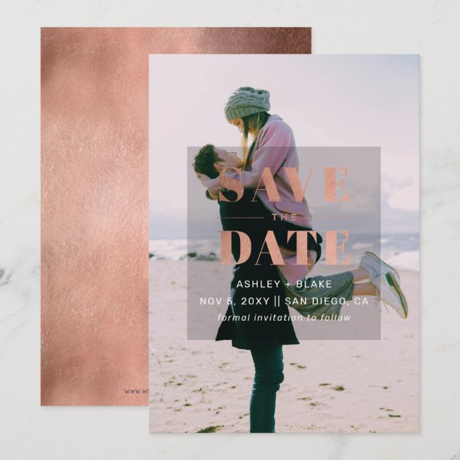 Rustic Rose Gold Minimal Modern Photo Save The Date (Front/Back)