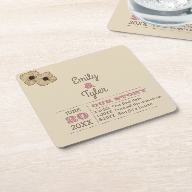 Rustic Rose Gold Personalised History Wedding Square Paper Coaster (Angled)