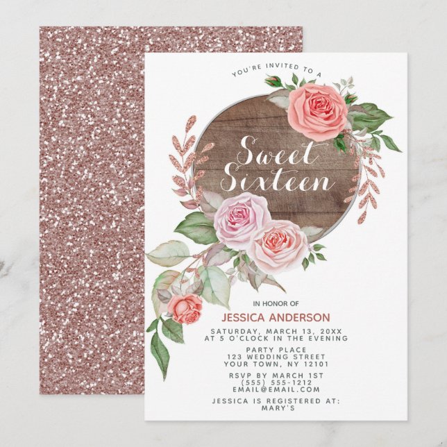 Rustic Rose Gold Pink Glitter Sweet Sixteen Invitation (Front/Back)
