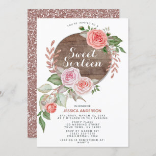 Rustic Rose Gold Pink Glitter Sweet Sixteen Invitation