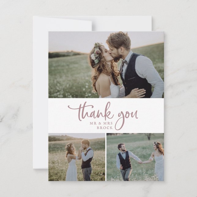 Rustic Rose Gold Script 3 Photo Collage Wedding Thank You Card (Front)