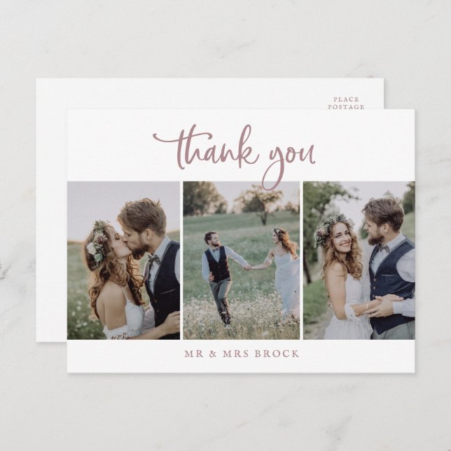 Rustic Rose Gold Script 3 Photo Template Thank You Postcard (Front/Back)