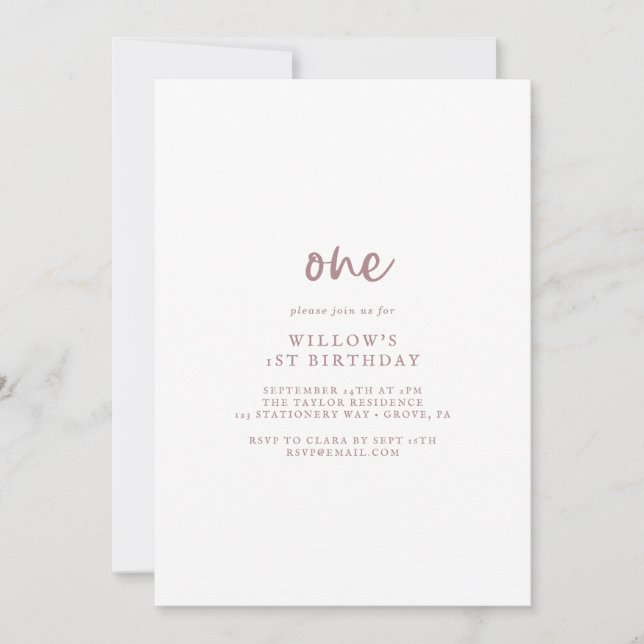 Rustic Rose Gold Script First Birthday Party Invitation (Front)