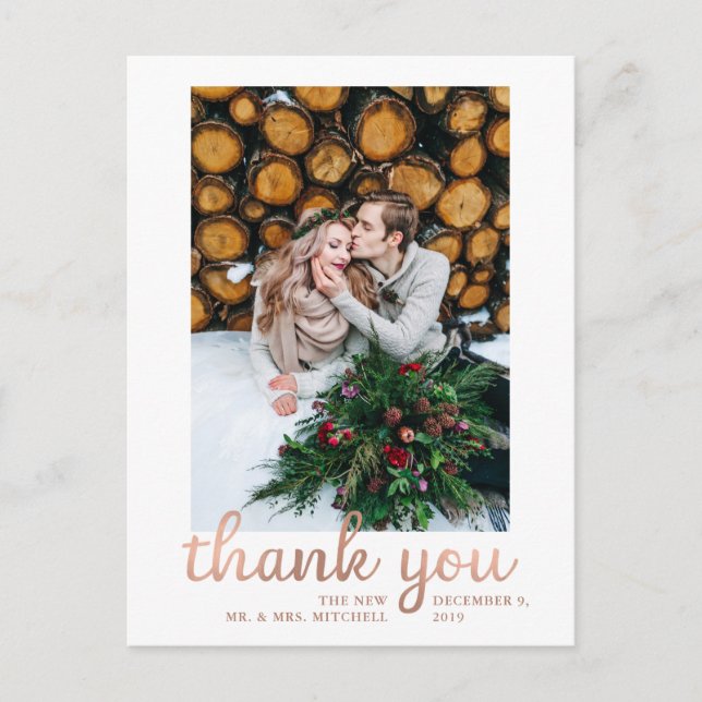 Rustic Rose Gold Wedding Photo Thank You Postcard (Front)