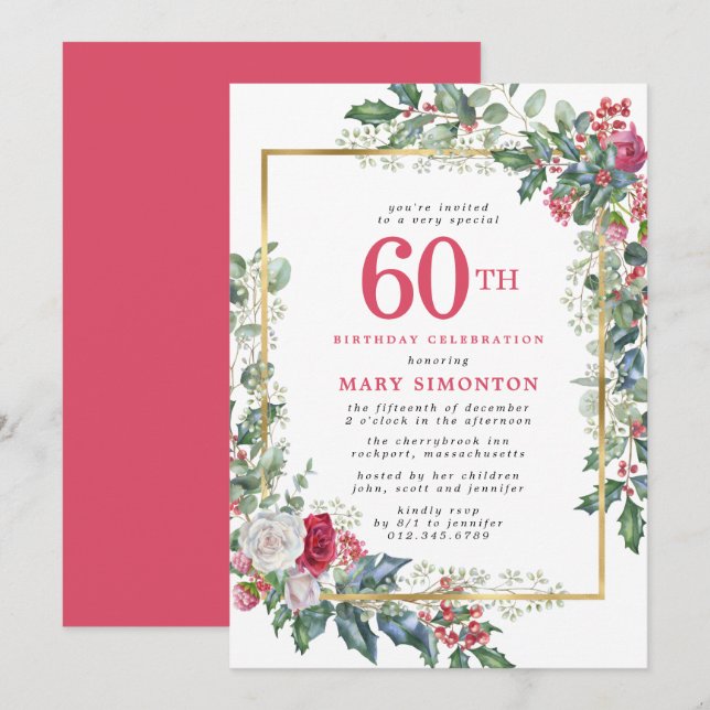 Rustic Rose Holly Berries 60th Birthday Party Invitation (Front/Back)