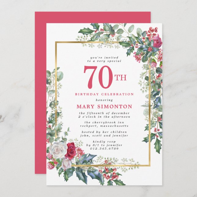 Rustic Rose Holly Berries 70th Birthday Party Invitation (Front/Back)