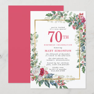 Rustic Rose Holly Berries 70th Birthday Party Invitation