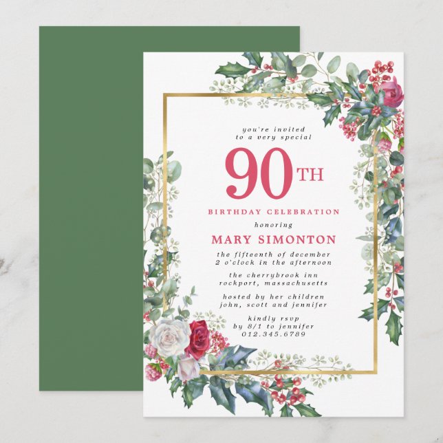Rustic Rose Holly Berries 90th Birthday Party Invitation (Front/Back)