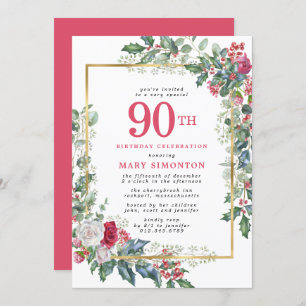 Rustic Rose Holly Berries 90th Birthday Party Invitation