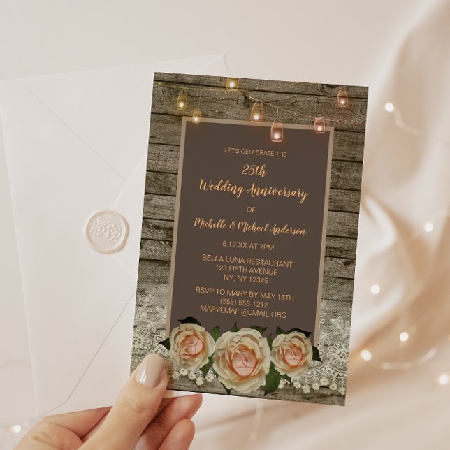 Rustic Rose Lace Mason Jar Lights 25th Anniversary Invitation (Creator Uploaded)