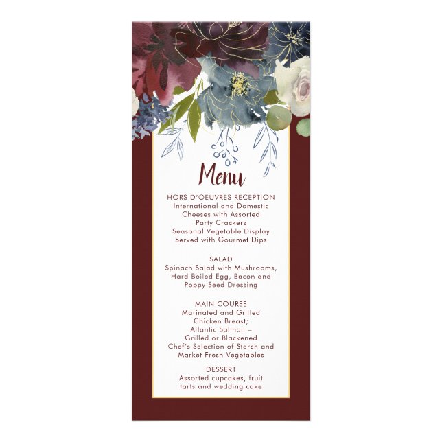Rustic Rose Navy Burgundy Gold Floral Wedding Menu (Front)