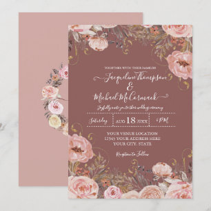 Rustic Rose Pink Watercolor Floral Dried Greenery Invitation