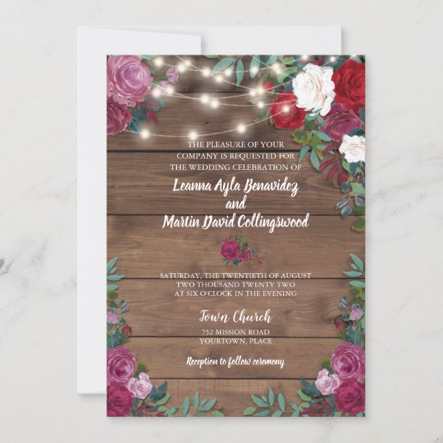 Rustic Rose Wood String Lights Wedding Invitation (Front)