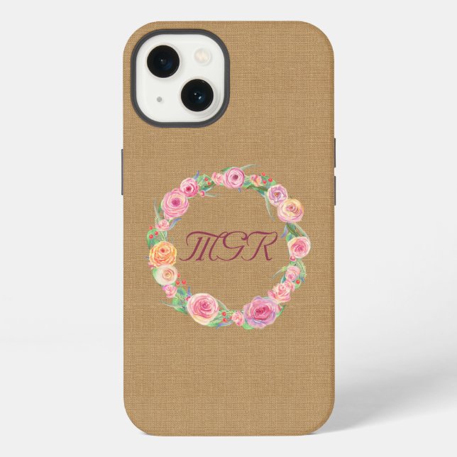 Rustic Rose Wreath Monogram on Burlap iPhone Case (Back)