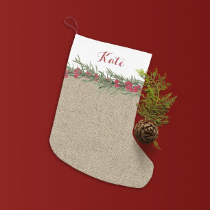 Rustic Rosemary and Berries Watercolor on Burlap Small Christmas Stocking