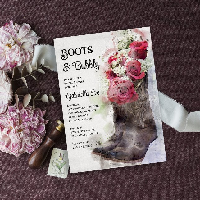 Rustic Roses Boots & Bubbly Western Bridal Shower Invitation (Creator Uploaded)