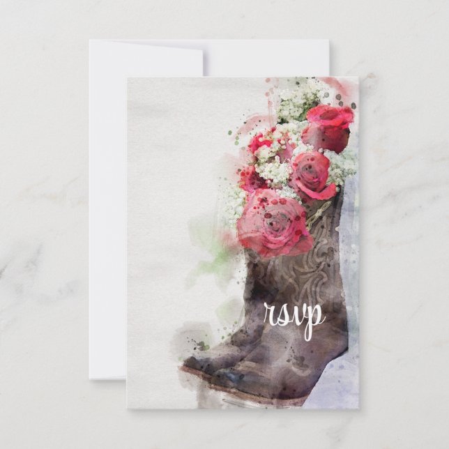 Rustic Roses Boots Western Wedding Watercolor RSVP Card (Front)