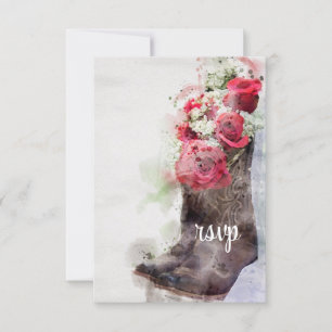 Rustic Roses Boots Western Wedding Watercolor RSVP Card