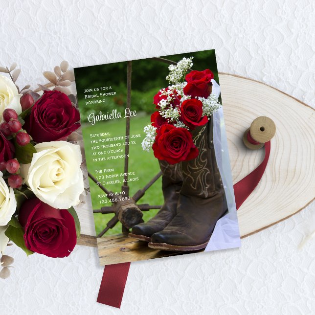 Rustic Roses Cowboy Boots Country Bridal Shower Invitation (Creator Uploaded)