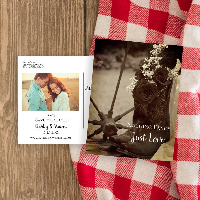 Rustic Roses Cowboy Boots Save the Date Sepia Announcement Postcard (Creator Uploaded)