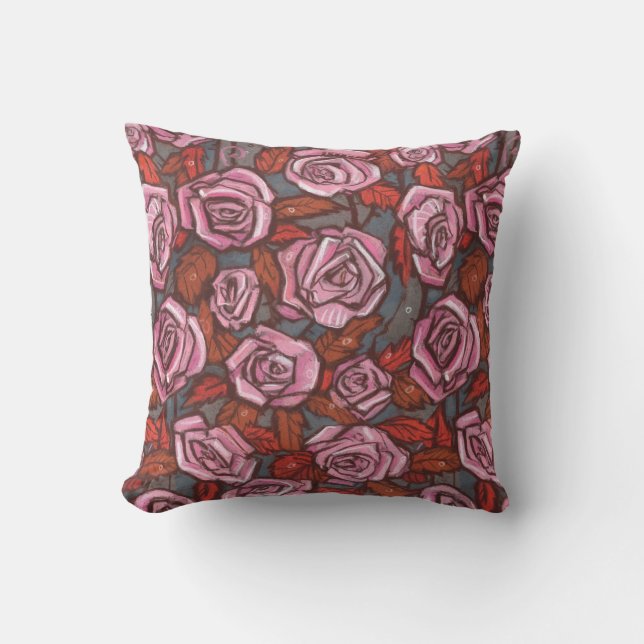 Rustic Roses Floral Pattern Pink Orange Taupe Grey Cushion (Front)