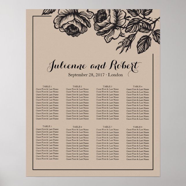 Rustic Roses Floral Wedding Seating Chart Poster (Front)