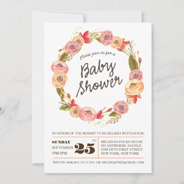 Rustic Roses Floral Wreath BABY Shower Invite (Front)
