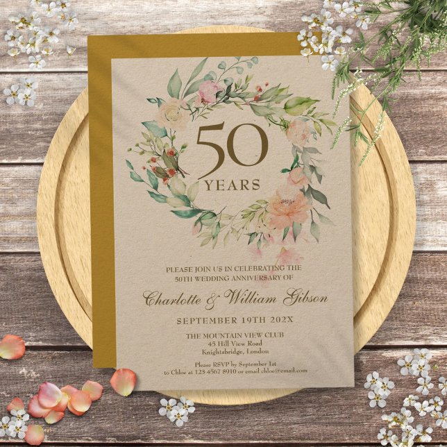 Rustic Roses Garland 50th Golden Anniversary Invitation (Rustic Roses Garland 50th Golden Anniversary Invitation)