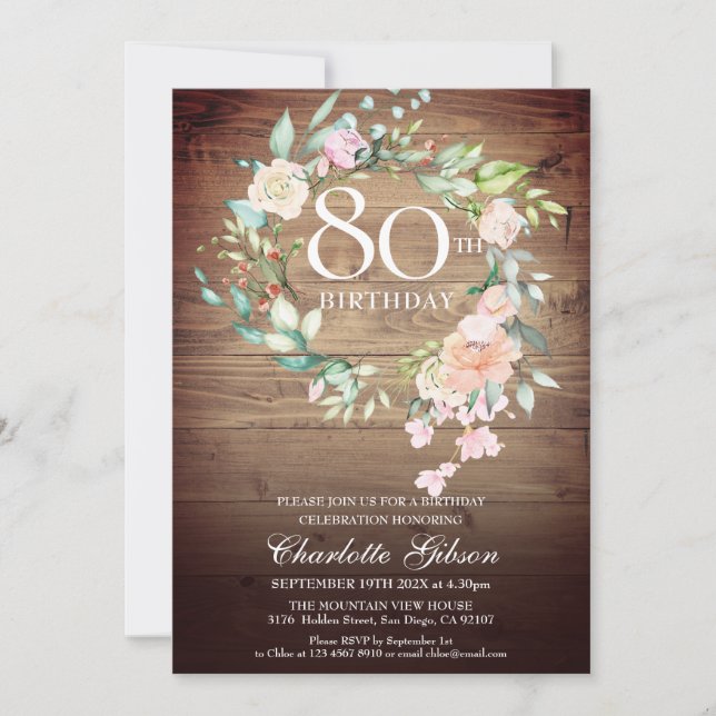 Rustic Roses Garland Monogram 80th Birthday Invitation (Front)