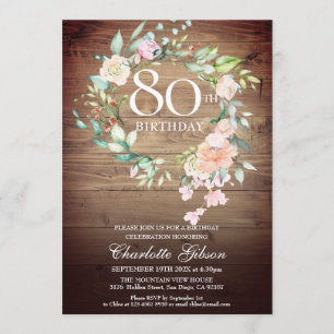 Rustic Roses Garland Monogram 80th Birthday Invitation