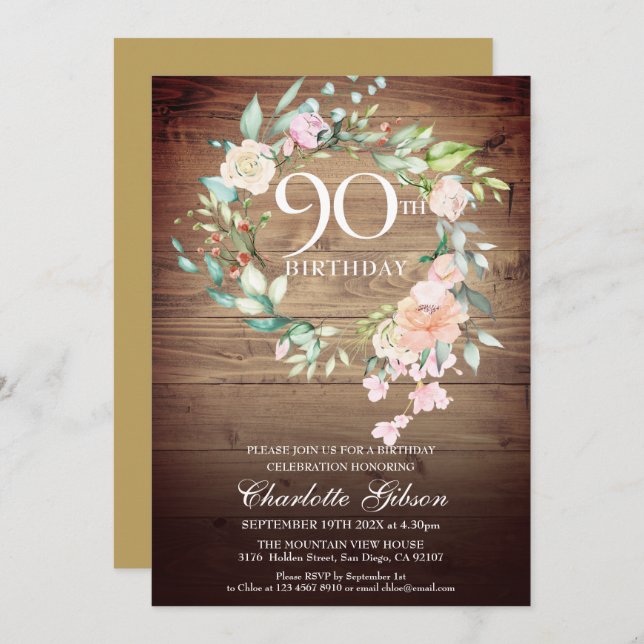 Rustic Roses Garland Monogram 90th Birthday Invitation (Front/Back)