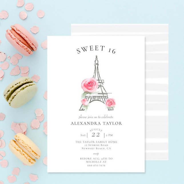 Rustic Roses Glitter Eiffel Paris Minimal Sweet 16 Invitation (Creator Uploaded)