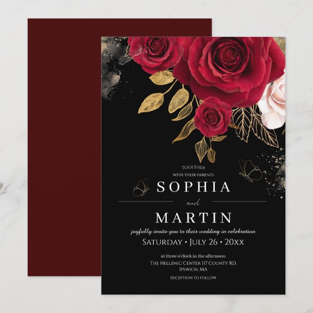 Rustic Roses & Gold Elegant Floral Wedding  Invitation (Front/Back)