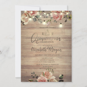 Rustic Roses Lights,Tiara,Diamonds Quinceañera Invitation