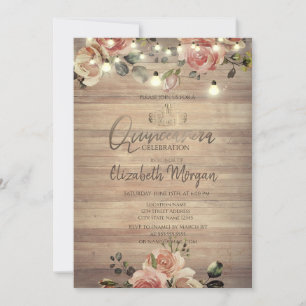 Rustic Roses Lights,Tiara,Diamonds Quinceañera Invitation