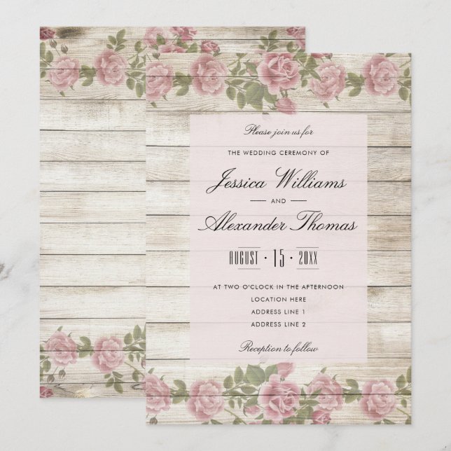 Rustic Roses On Wood  Wedding Ceremony Invitation (Front/Back)