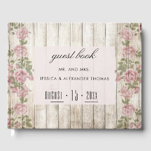 Rustic Roses On Wood Wedding Guest Book