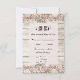 Rustic Roses On Wood Wedding Menu RSVP