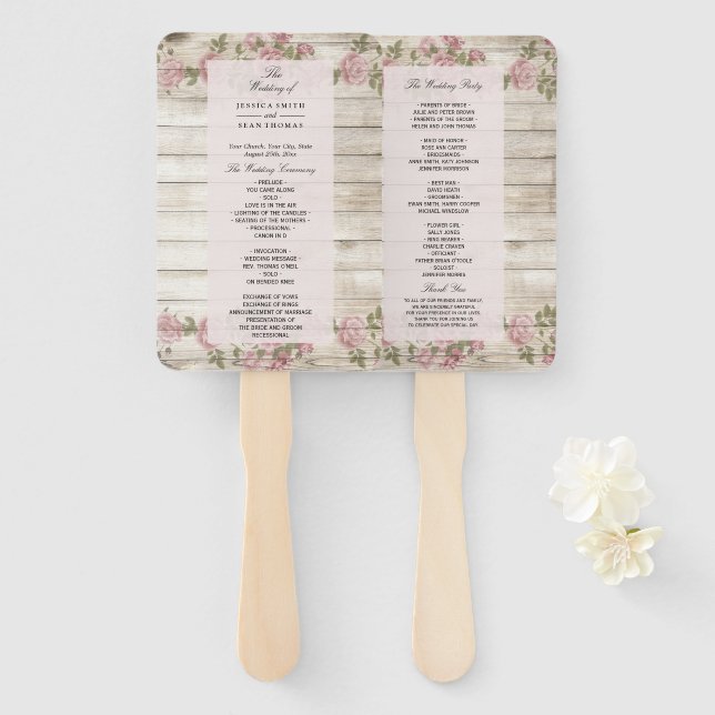 Rustic Roses On Wood Wedding Program Hand Fan (Front and Back)