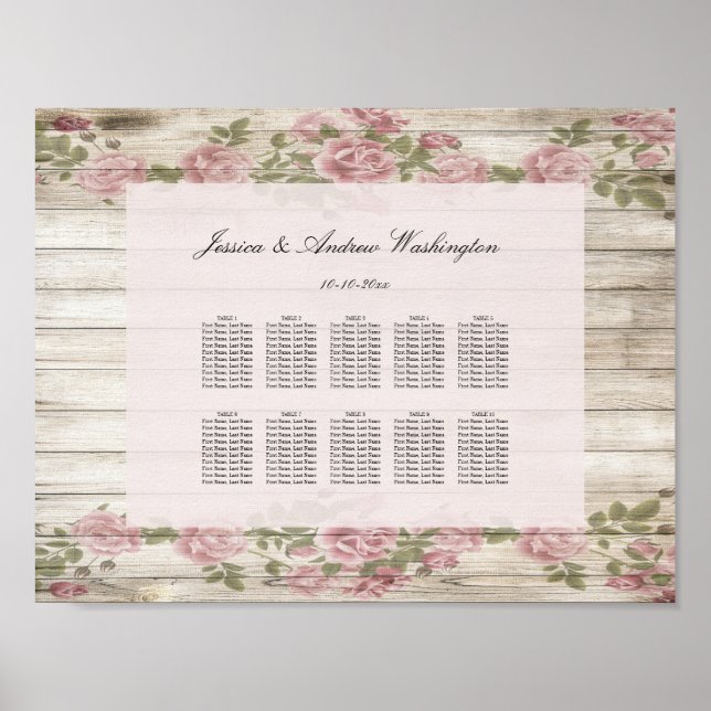 Rustic Roses On Wood Wedding Seating Chart (Front)