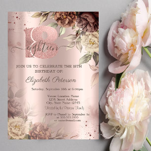 Rustic Roses Rose Gold 18th Birthday Invitation