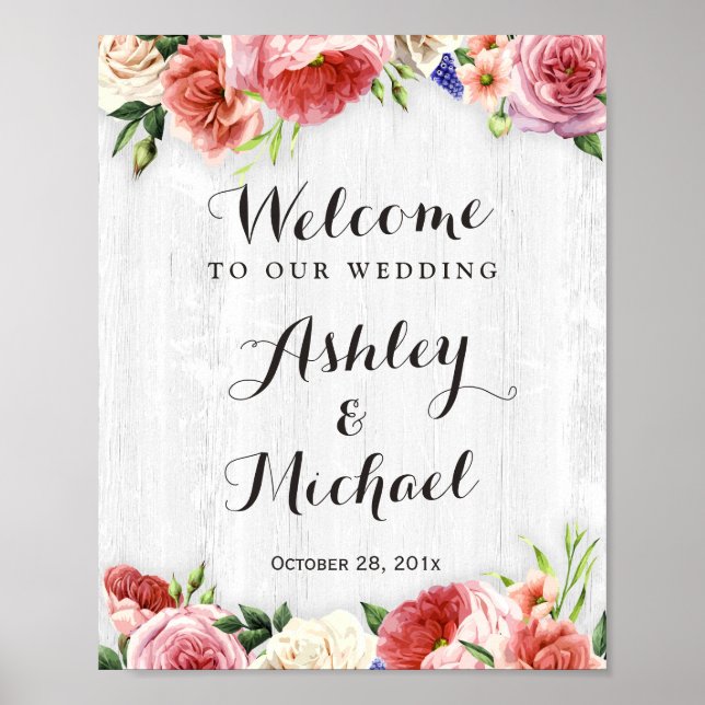 Rustic Roses White Wood Wedding Reception Sign (Front)
