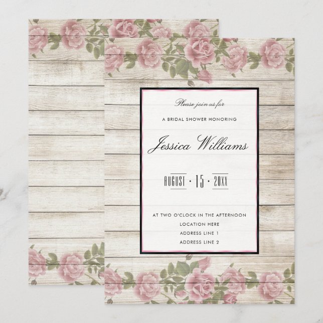Rustic Roses & Wood Framed Bridal Shower Invitation (Front/Back)