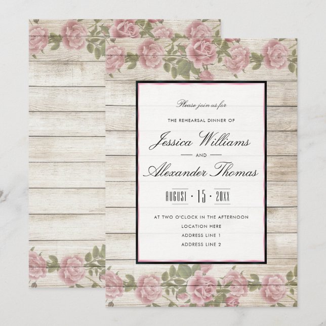 Rustic Roses & Wood Framed Rehearsal Dinner Invitation (Front/Back)